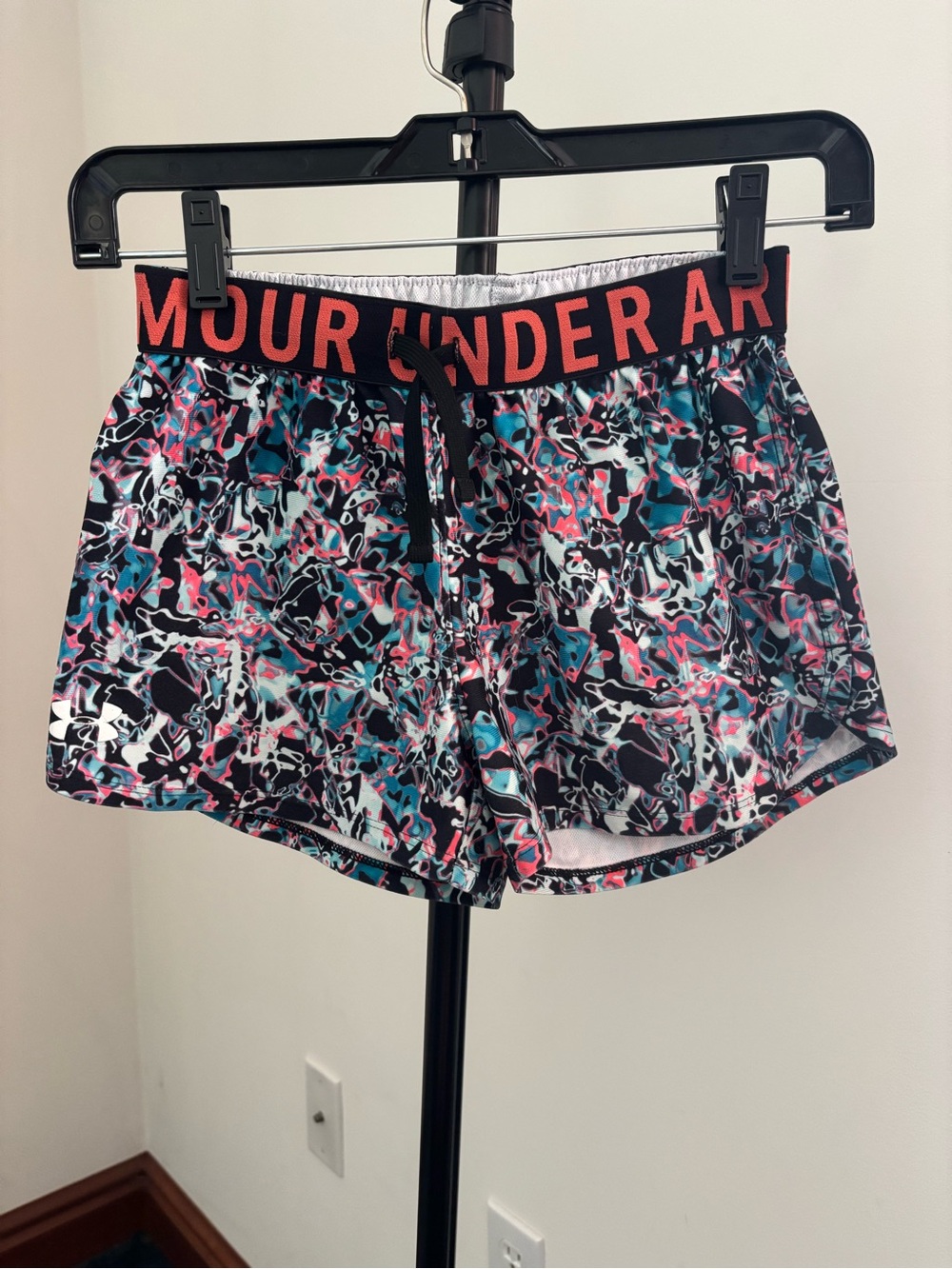 Under Armour Black Multi-Color Girls' Athletic Shorts with Coral Logo Waistband